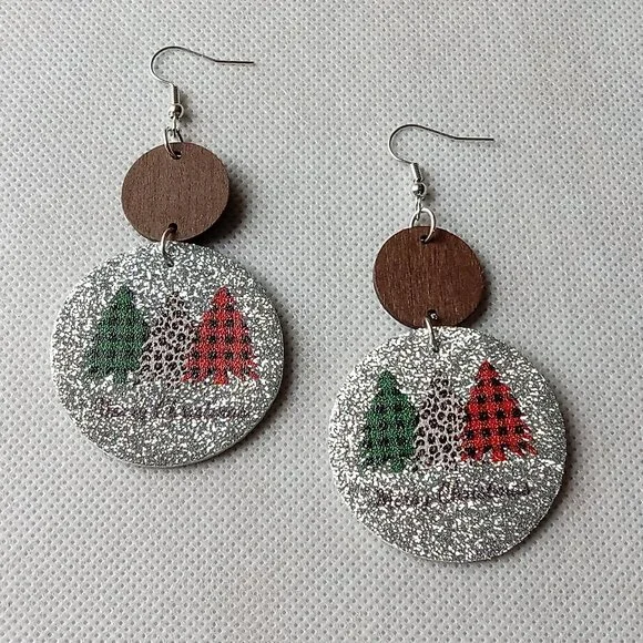 Christmas Holiday Earrings, Silver Glitter, Round Dangle Festive Earrings - Picture 2 of 4